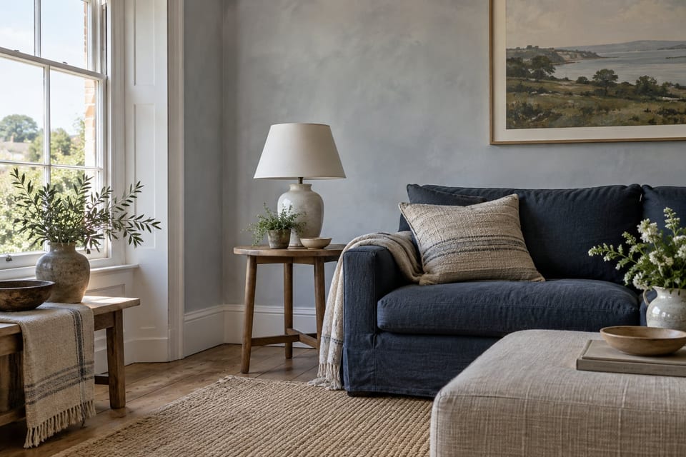 A calm living room corner: a pale plaster wall, an indigo linen sofa, an oak side table with a ceramic lamp, a jute rug and a tall sash window.
