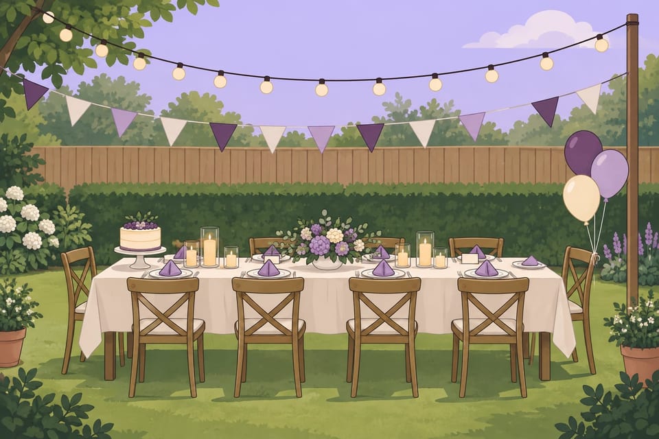 A drawing of a garden party set up and waiting for guests: a long table with a linen cloth, candles, flowers and a cake, with festoon lights, bunting and balloons. In the evening the lights and candles glow.