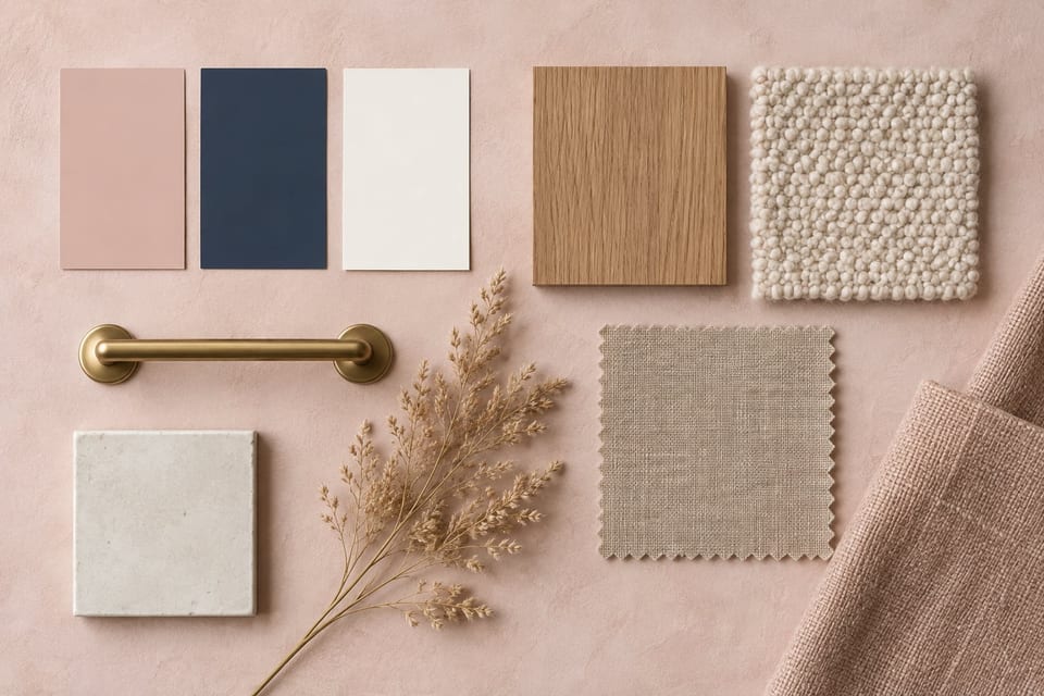 A sample board from above: pink, indigo and white paint chips, oak veneer, boucle and linen swatches, a brass handle, a ceramic tile and dried grass.