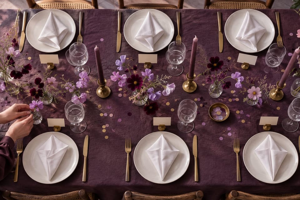 Illustration of a party table from above: plum linen, white plates with folded napkins, blank place cards in brass holders, sweet peas and cosmos in bud vases, taper candles and a scatter of confetti