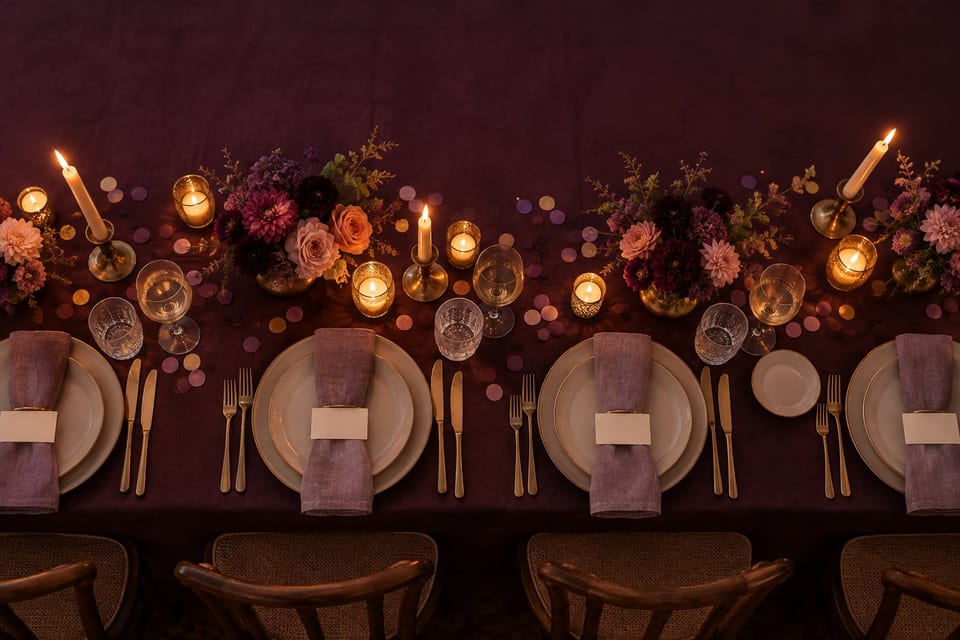 A long party table at dusk before the guests arrive: folded napkins, blank place cards, lit candles, flowers and scattered confetti on a plum cloth.