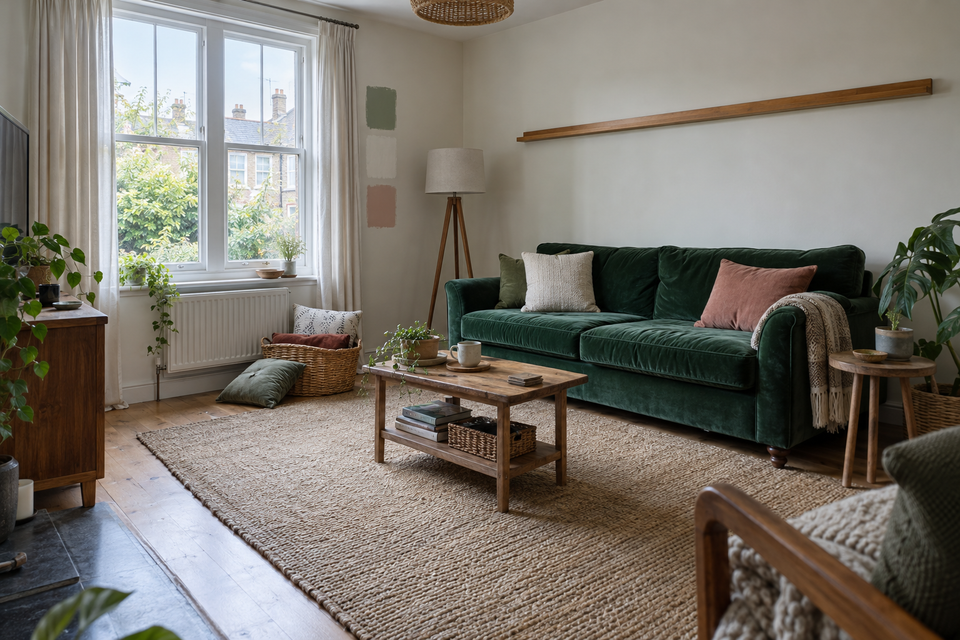 A living room in morning light with three paint samples on the wall by the window.