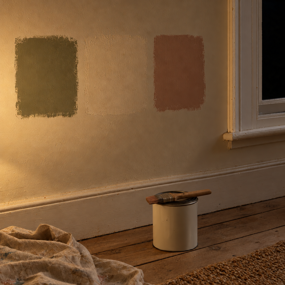 The same three paint samples by lamp light.