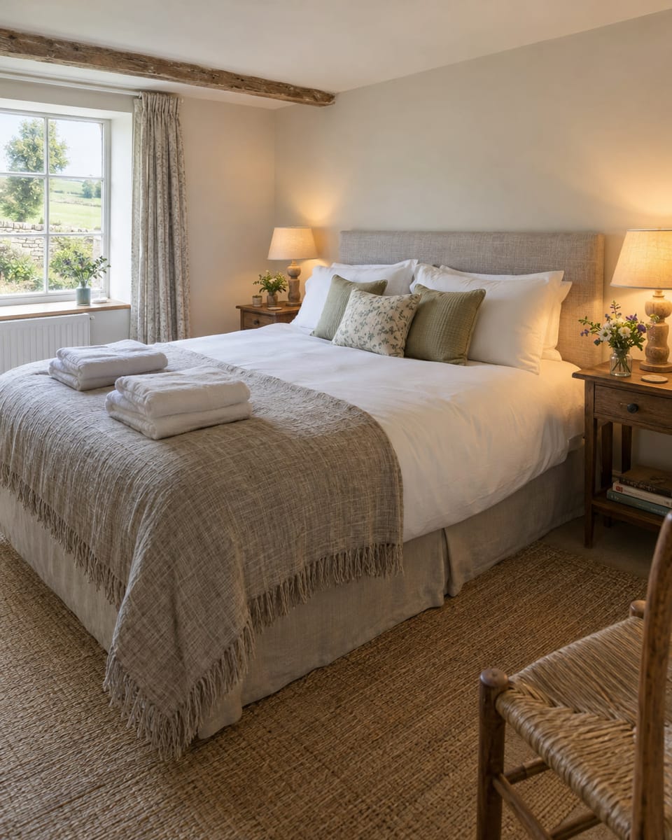 A holiday-let bedroom made up for its listing photograph: crisp bed, two lamps, a posy on the bedside, towels folded at the foot.