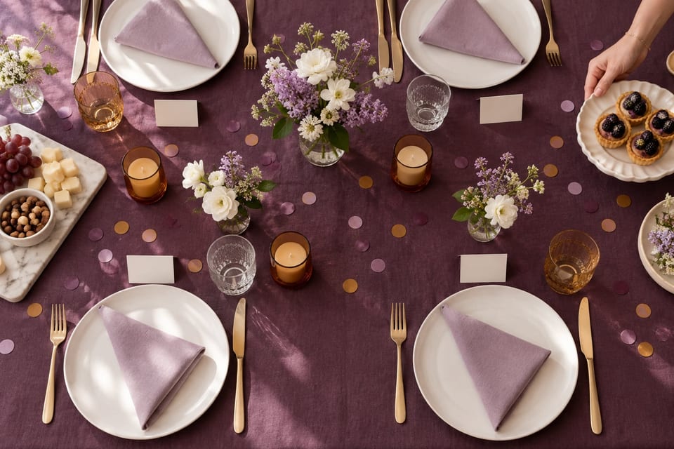 A party table laid from above: a plum linen cloth, white plates with folded lilac napkins, blank place cards, small posies, amber candles and scattered paper confetti.