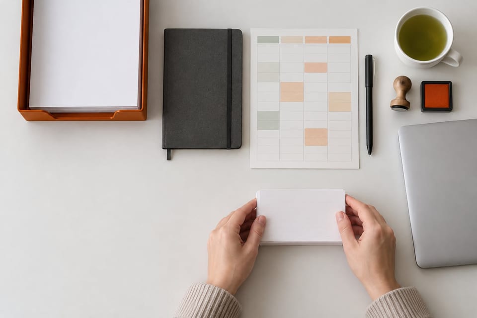 Illustration of a sorted desk from above: an orange letter tray, a week planner with coloured time blocks, a rubber stamp and ink pad, and two hands squaring a stack of cards