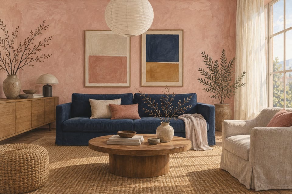 A painted living room: pale pink limewash walls, a deep indigo sofa, an oak sideboard, a paper lantern and a jute rug. In the light theme it is morning; in the dark theme the same room is lit by its lamps.