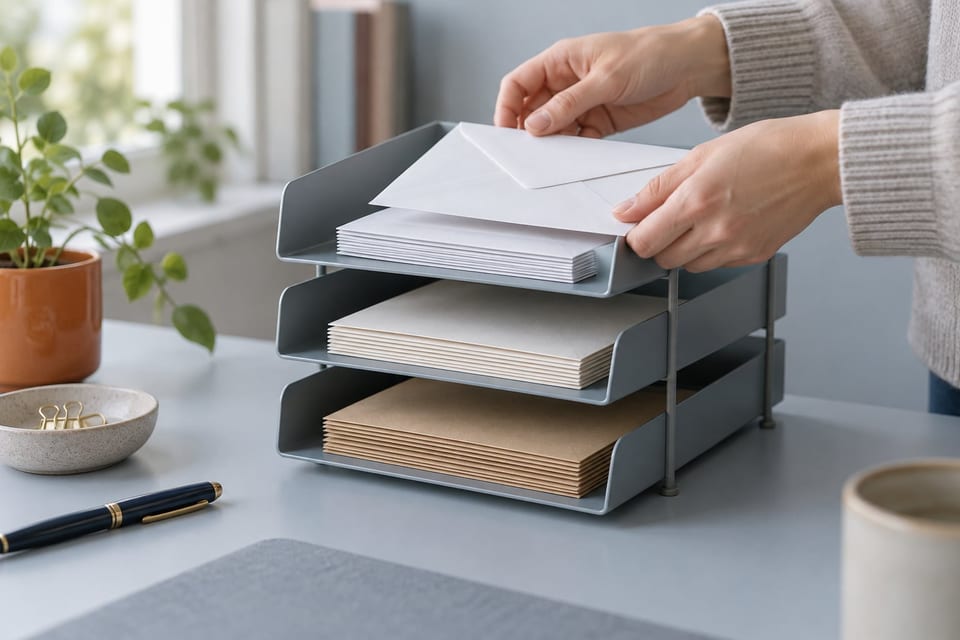Hands placing a plain envelope onto the top of three neatly sorted desk trays.