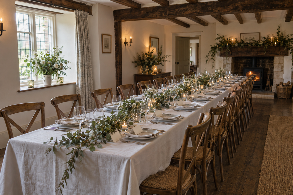 A long table laid for a small wedding reception.