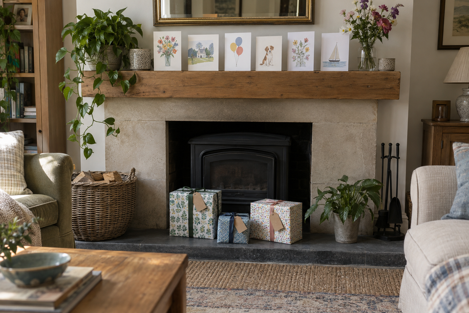 Birthday cards on a mantelpiece and wrapped presents below.