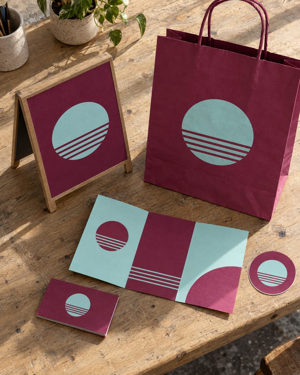 One small business's brand laid together: a card, a price list, a paper bag and an A-board, all in one palette, with no words.