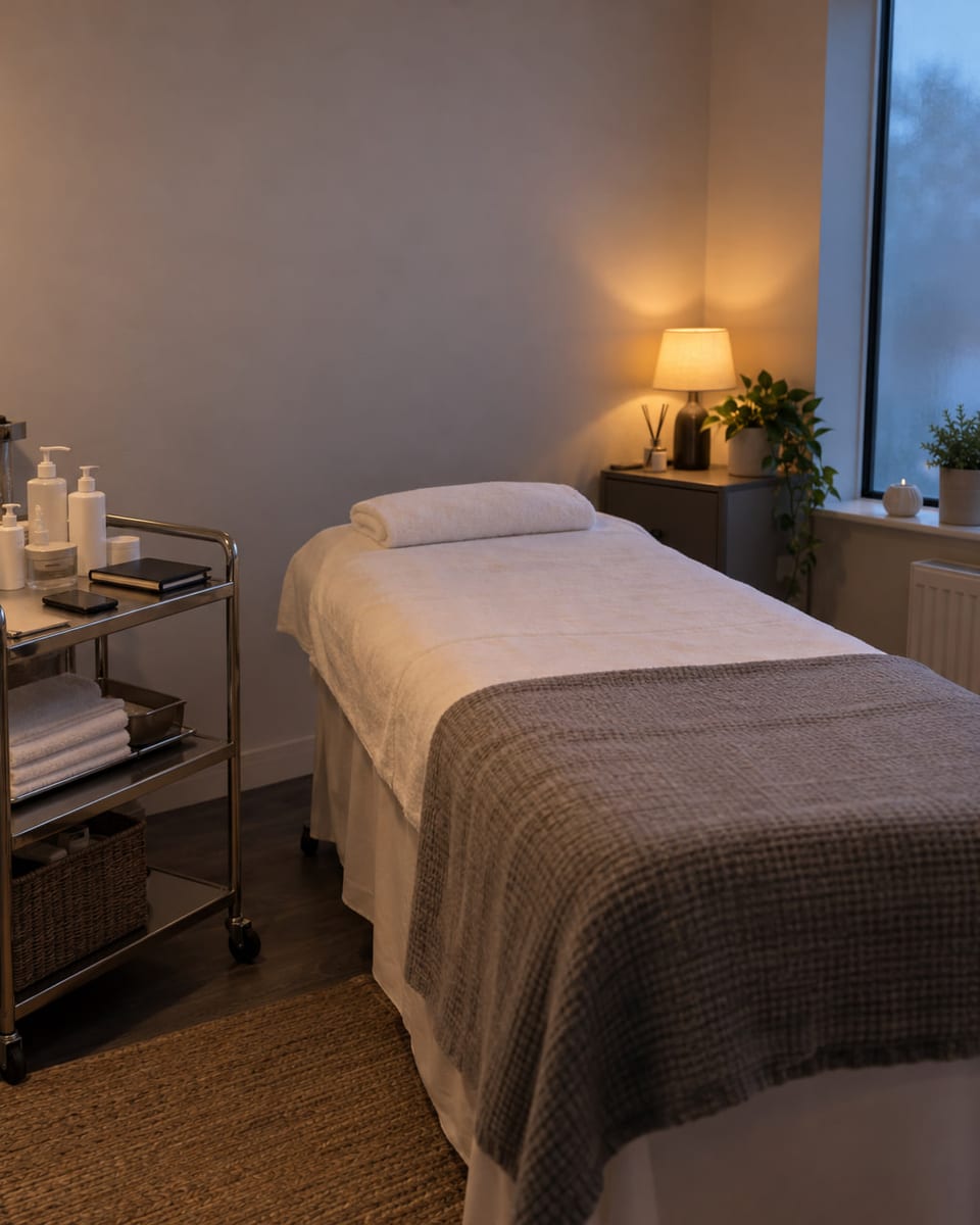 A beauty treatment room after the last client: the couch made up for tomorrow, one lamp on, a phone face down on the trolley.