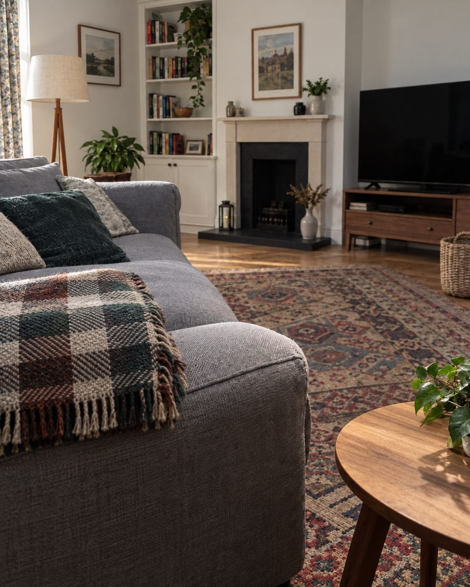 The same sofa the next morning at eight: daylight, the throw folded, nothing left on the arm.