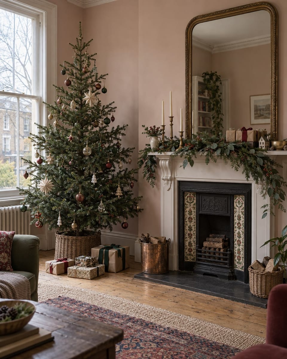 A Victorian living room in December: a tree dressed with baubles and paper stars beside a mantel with a fir garland and brass candlesticks.