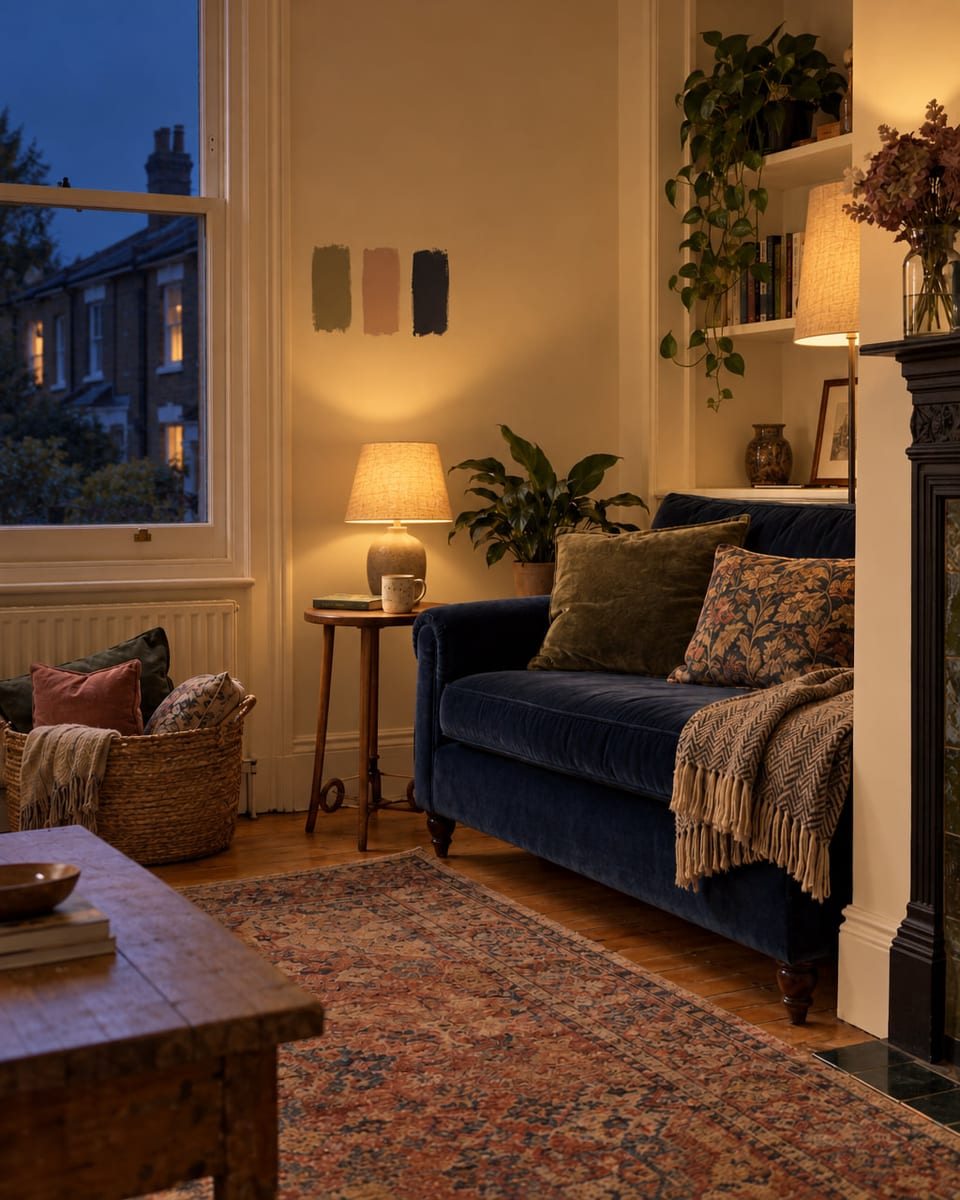 The same living room by lamp light.