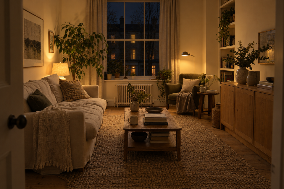 The same living room by lamp light.
