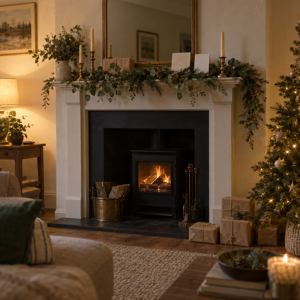 A painted fireplace mantel in a living room on a winter evening, dressed with a eucalyptus and pine garland, unlit candles in brass holders and parcels in brown paper and cord, a lit tree at the edge of the room.