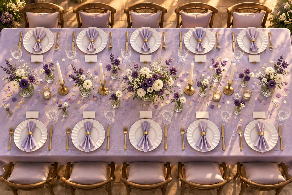 A long party table seen from above, laid for twelve: white plates, lilac napkins folded into pleats, blank place cards, candles, small vases of violet and white flowers and scattered confetti. In the light theme it is an afternoon party; in the dark theme the candles are lit for the evening.