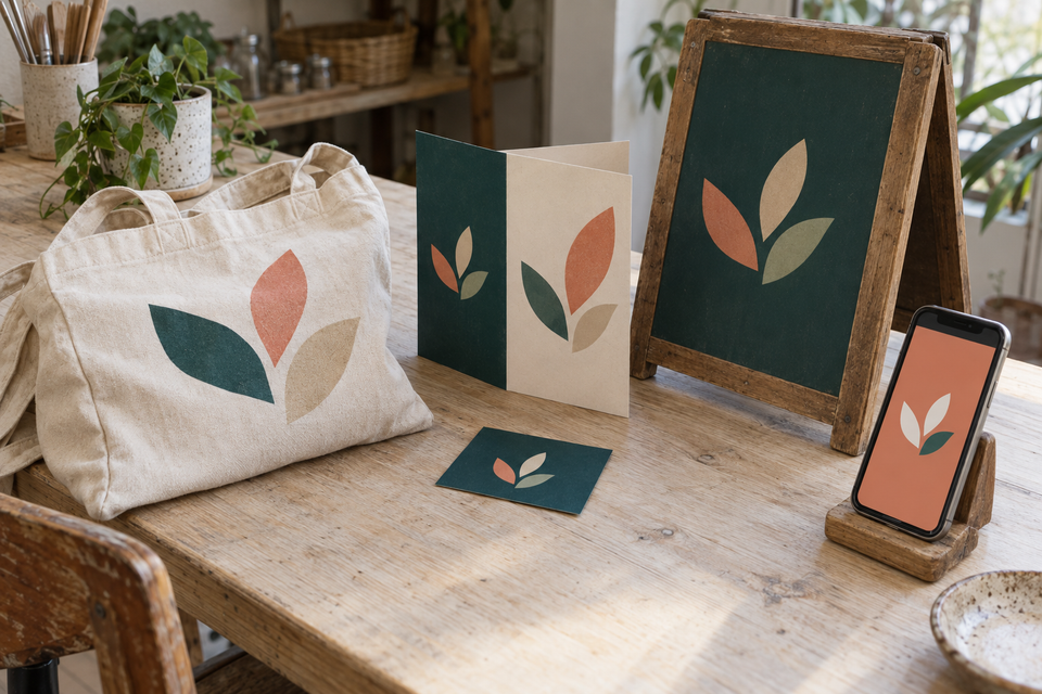 A business card, price list, sign and bag for one small business, all in one matching look.