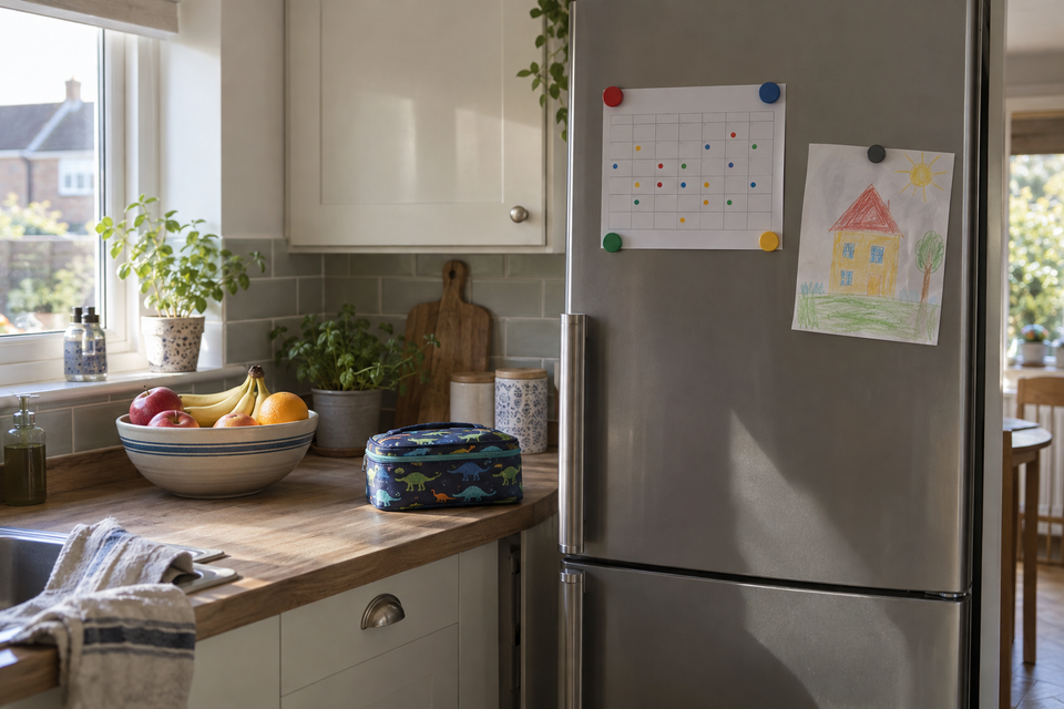 A family fridge door holding one tidy month calendar.