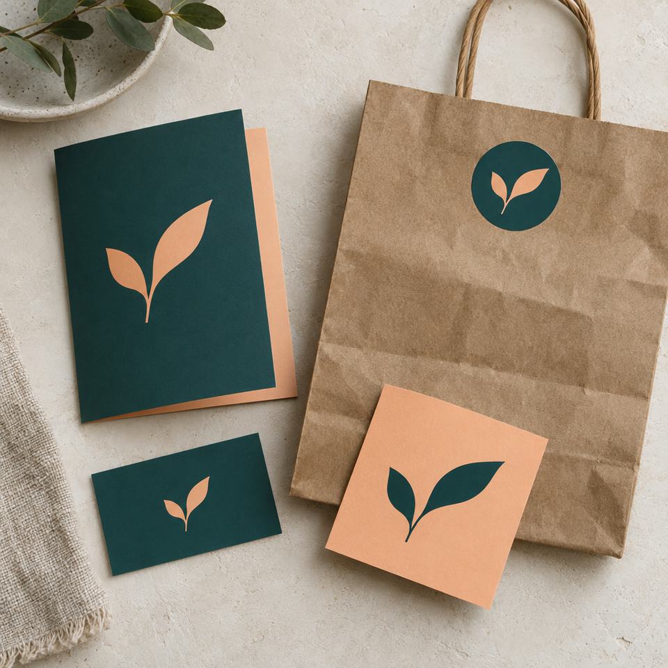 A small business's printed pieces laid together: a card, a folded price list and a paper bag, all in one set of colours with a leaf motif and no lettering.