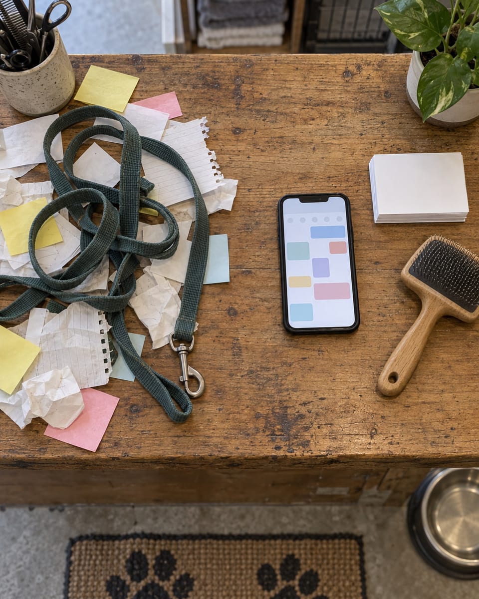 A dog groomer's counter from above: loose notes and slips on one side, cleared on the other, a phone showing a calm booking screen.