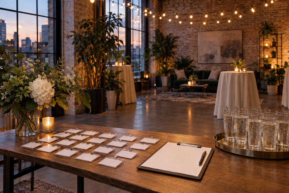 A small studio set for an evening launch: a welcome table with blank name badges and festoon lights overhead, no people.