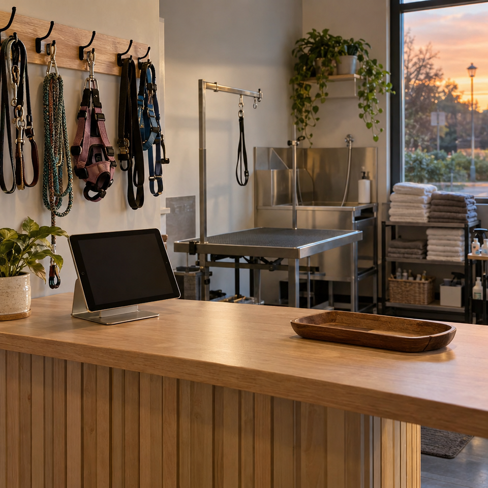 A dog groomer's counter after closing: leads hung on hooks, a tablet on a stand, the grooming table wiped down.