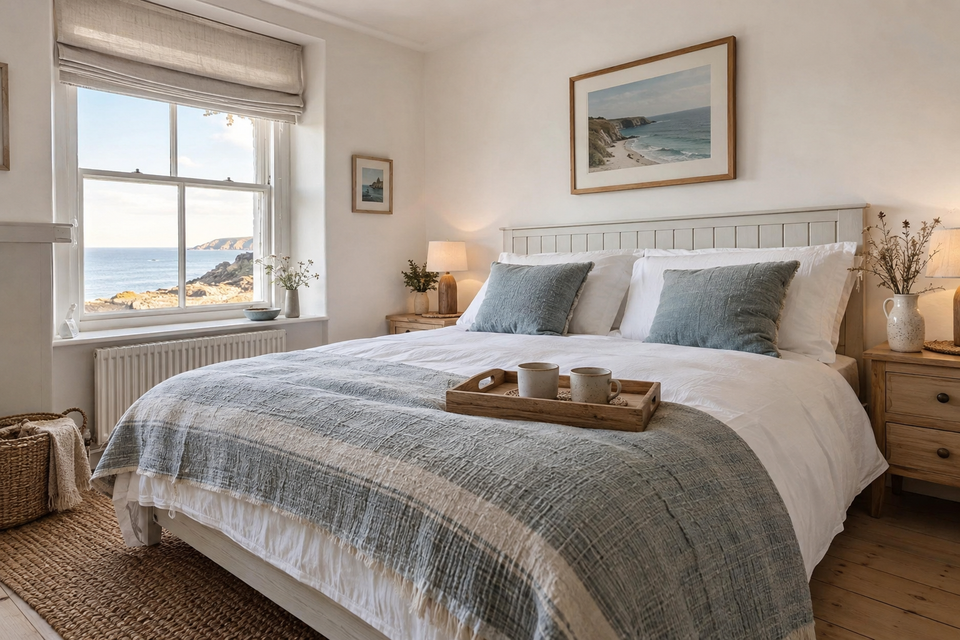 A holiday-let bedroom made up and styled, ready for its photographs.