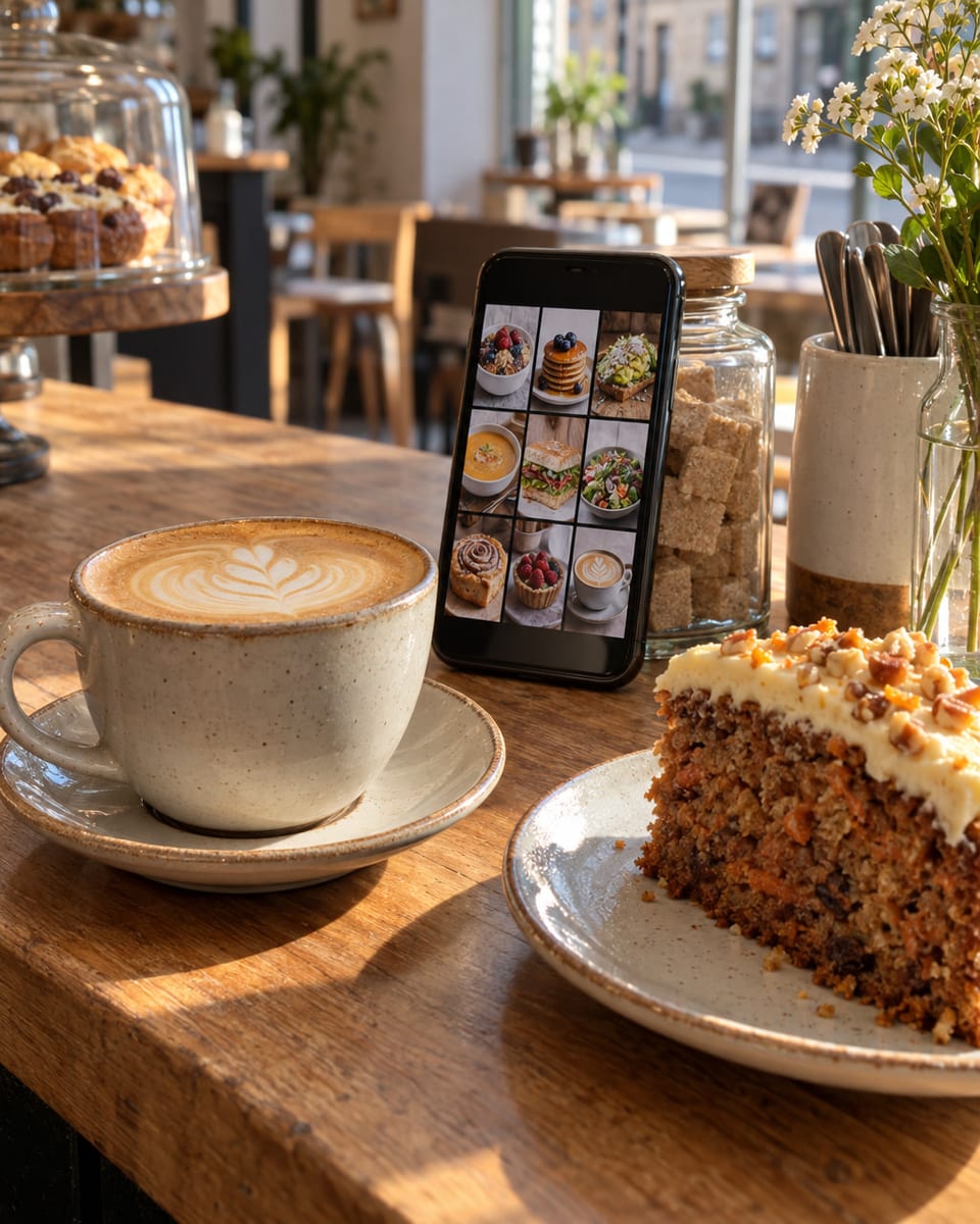 A café counter at morning: a flat white, a slice of cake, a phone showing a grid of food photographs.