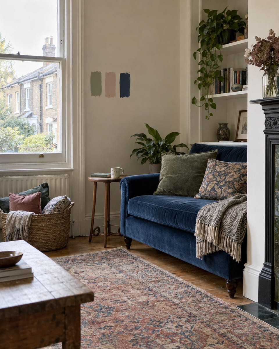 A nearly finished living room: a good sofa, a rug, three paint samples on the wall by the window.