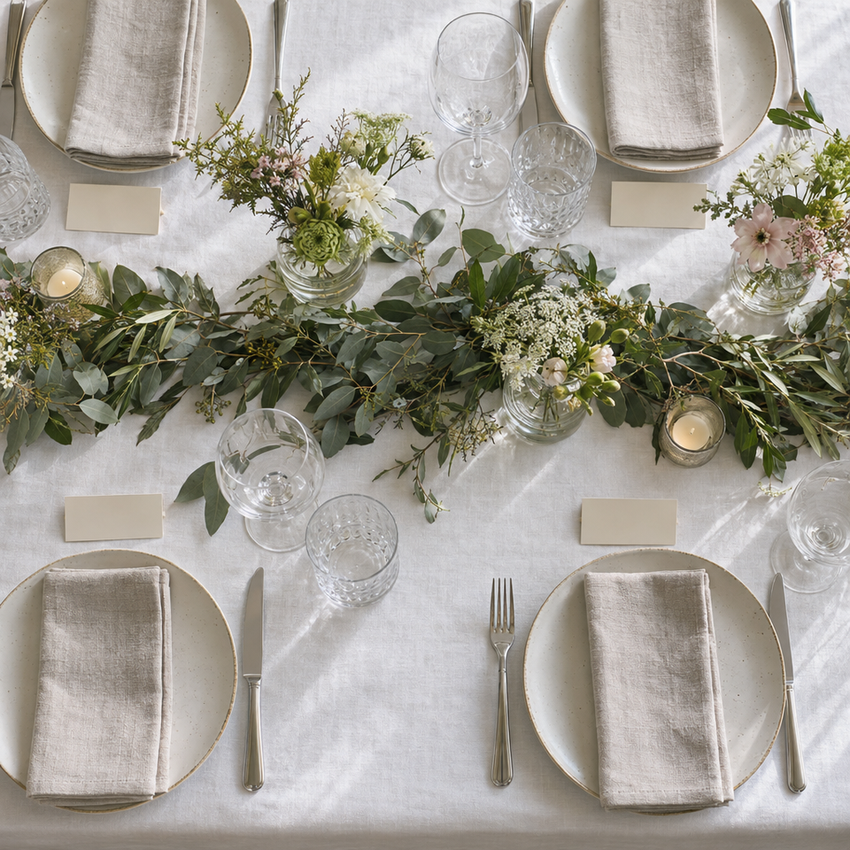 A party table seen from above: folded napkins, blank place cards and small vases of flowers.