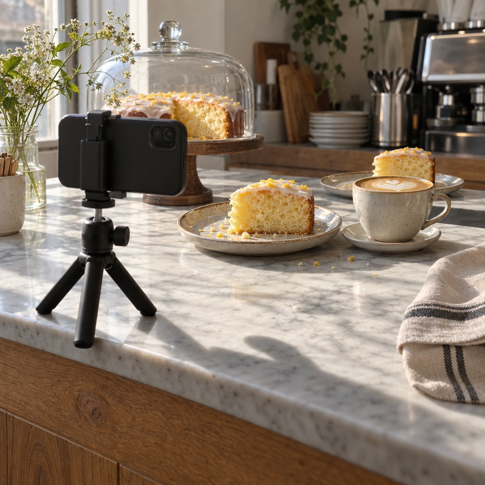 A cafe counter in afternoon light with slices of cake and coffee arranged for a photograph, a phone on a small tripod seen from behind.