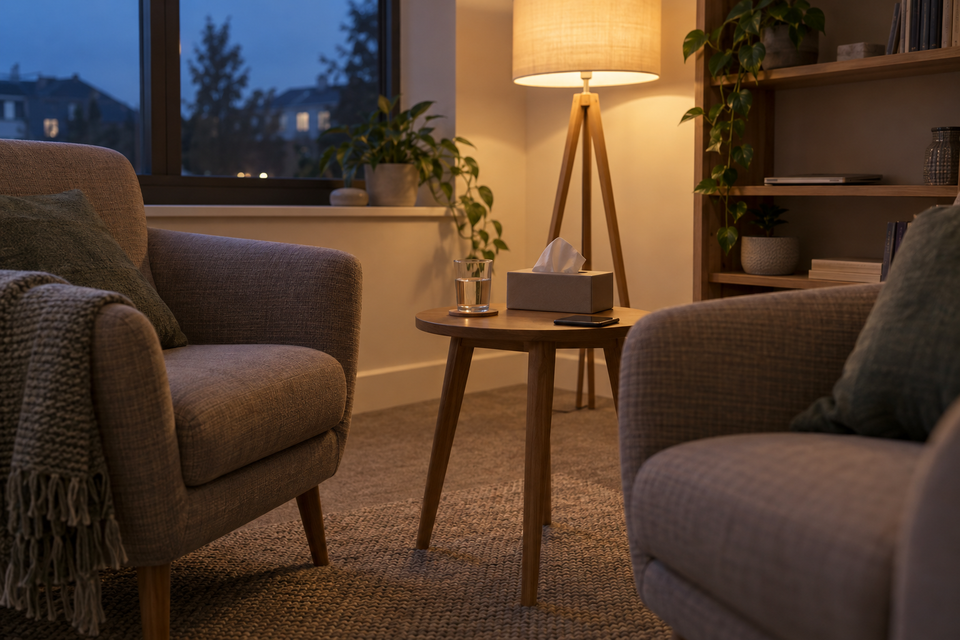 A small consulting room at the end of the day: two armchairs angled towards each other, a side table with tissues and a glass of water, a floor lamp on low.