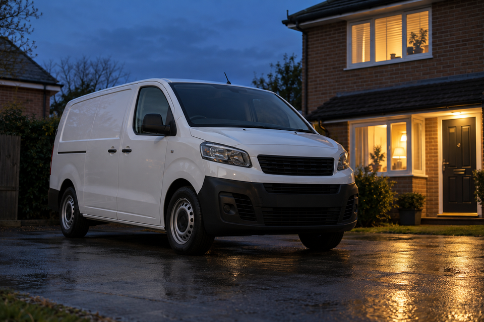 A tradesperson's van parked on a driveway at dusk, doors shut and the dashboard dark, a house window lit behind it.
