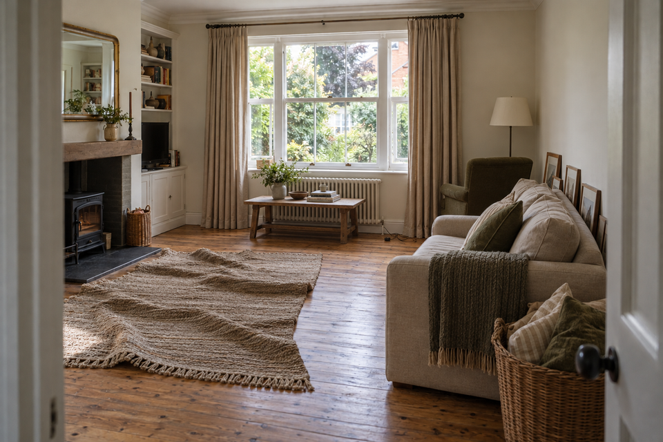 The same living room before: the sofa pushed against the wall, the rug bunched by the fireplace, the armchair facing the corner and the pictures leaning on the floor.