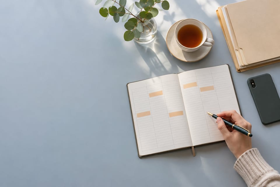 A tidy desk from above: an open week planner with a few time blocks marked in orange, a cup of tea, a stack of folders.