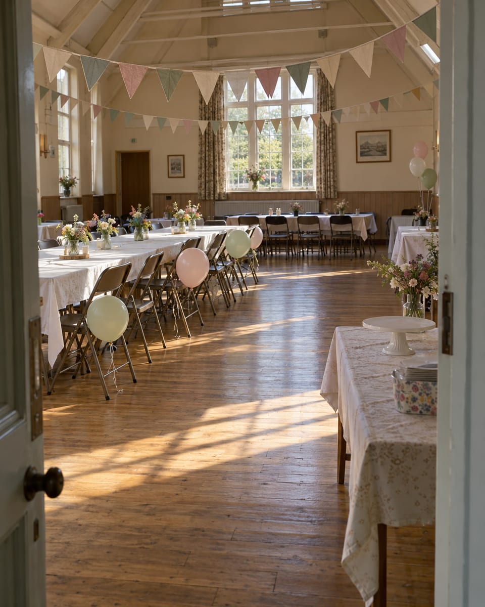 A village hall laid for a party minutes before guests arrive: long tables, flowers in jars, fabric bunting.