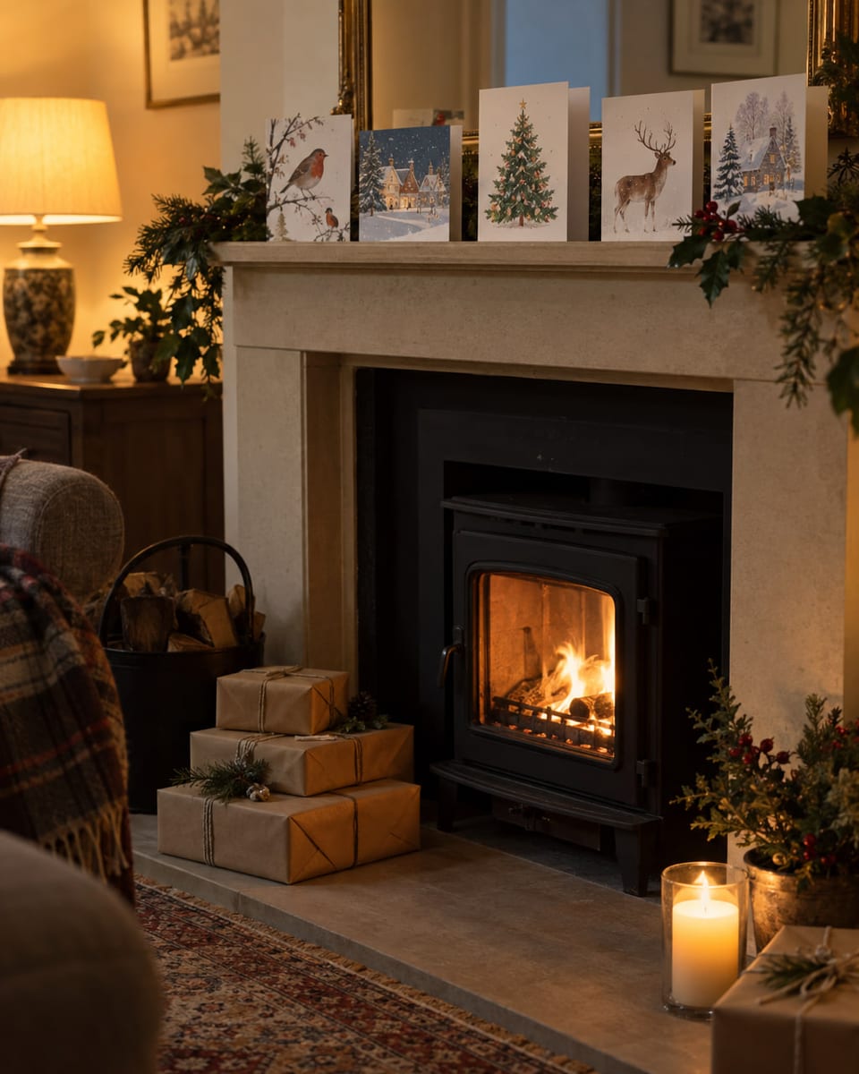 A mantelpiece in December with cards standing in a row and wrapped presents below.