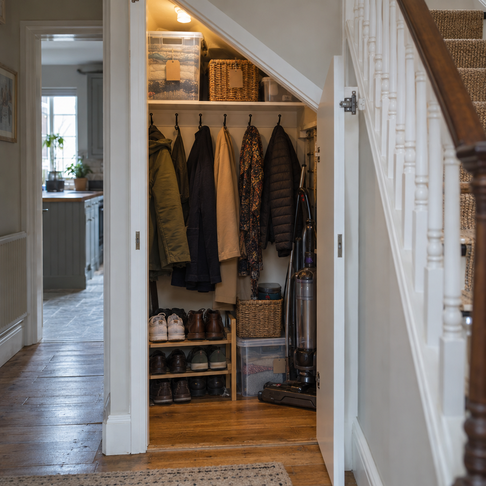 The cupboard under the stairs, open and in use: coats on hooks, shoes in a rack and storage boxes with blank labels.