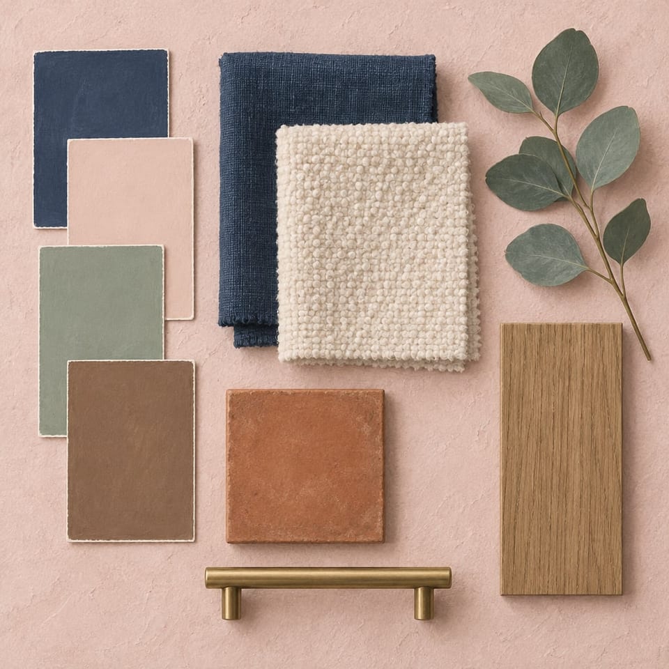 A painted sample board seen from above: paint chips in indigo, chalky pink, sage and oak brown, folded indigo linen and cream boucle, an oak veneer strip, a terracotta tile, a brass handle and a sprig of eucalyptus.