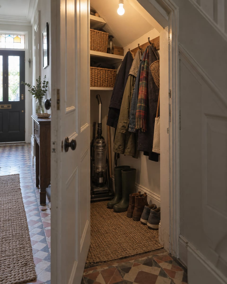 The cupboard under the stairs, open and in use: coats hung, shoes in a row, baskets on a shelf.