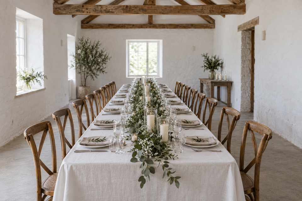 A long reception table set for a small wedding in a plain room, candles unlit, chairs waiting, no people.