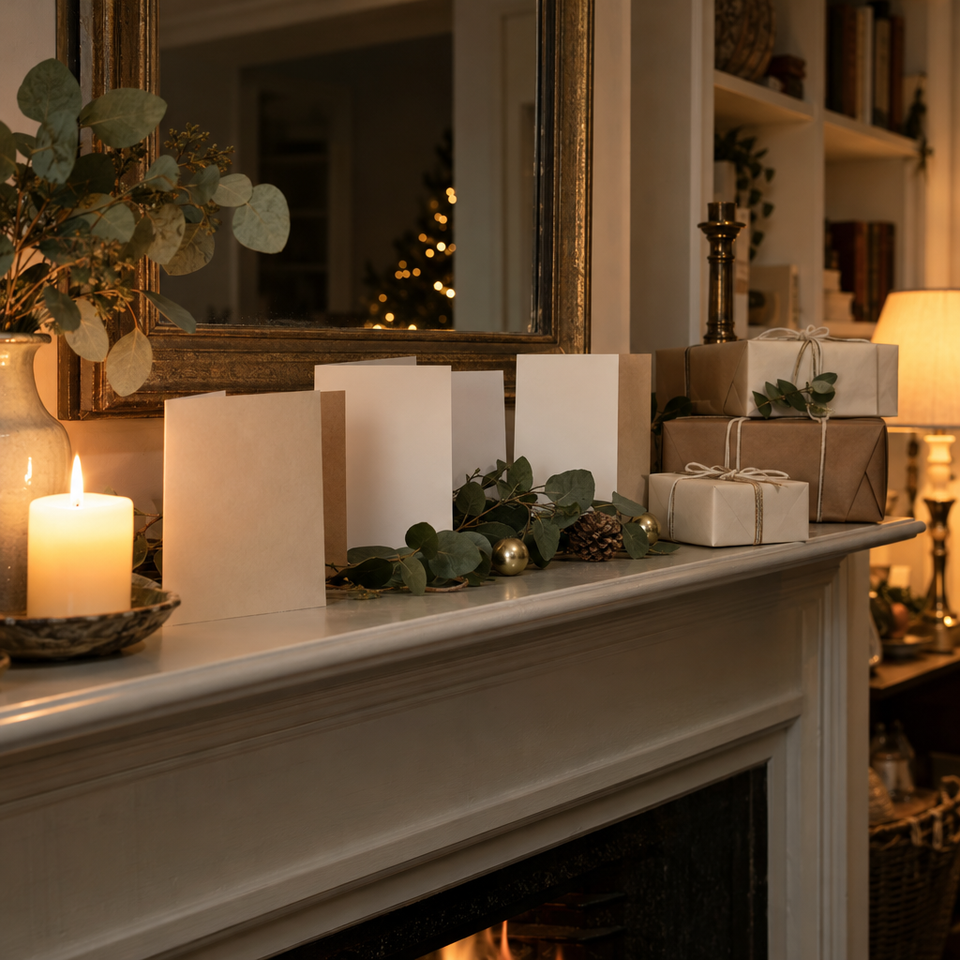 Gifts wrapped in plain paper and cord, and a row of blank cards standing on a mantelpiece in evening lamplight.