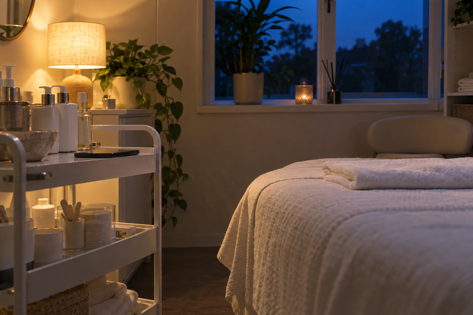 A beauty treatment room at night after the last client: the couch made with a fresh towel, the lamp low, a phone face down on the trolley.