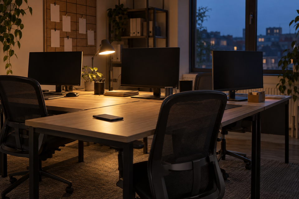 A small office for three at the end of the day: desks pushed together, monitors off, one desk lamp left on low against the blue dusk outside.
