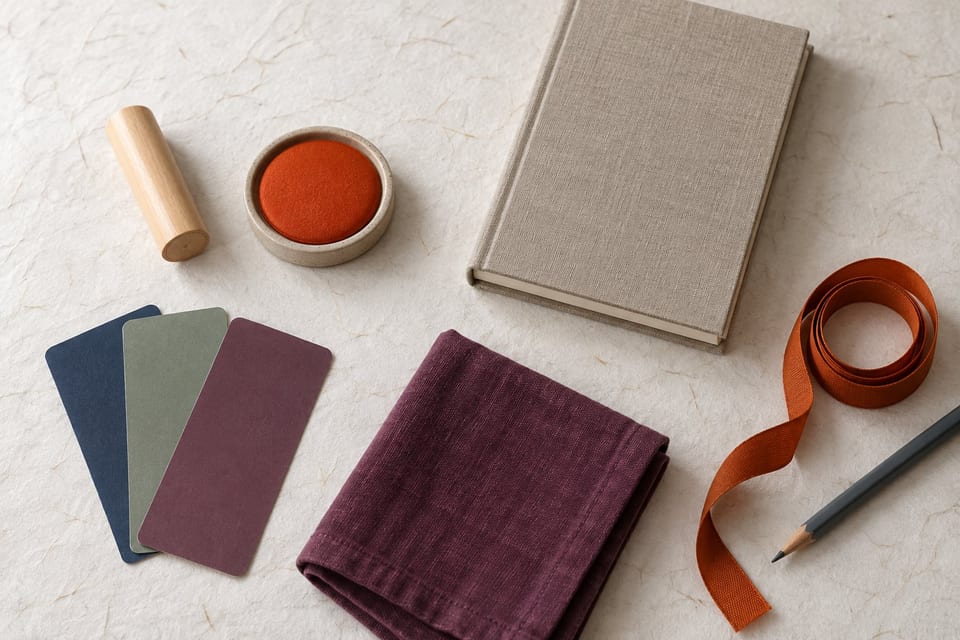 A calm desk from above: an uncarved wooden seal, an orange ink pad, a linen notebook, paint sample cards, a folded plum napkin, orange ribbon and a pencil on white handmade paper.