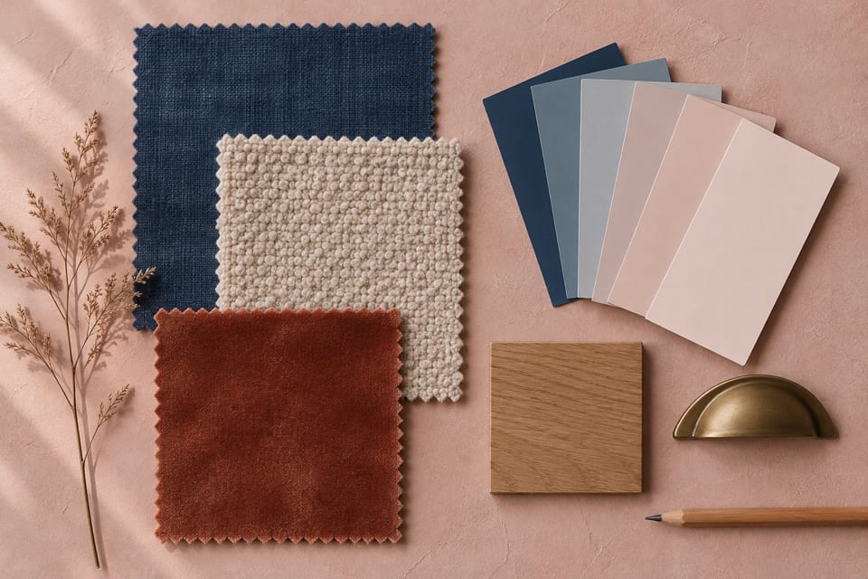 Illustration of a sample board: swatches of indigo linen, oatmeal boucle and rust velvet, a fan of blue and plaster-pink paint chips, an oak sample, a brass handle and a stem of dried grass