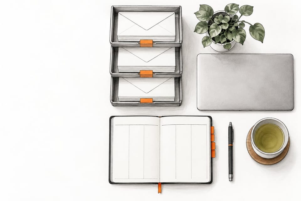 An ink and wash drawing of a tidy desk from above: letter trays of sorted envelopes, an open week planner with orange tabs, a pen, a closed laptop and a cup of green tea.
