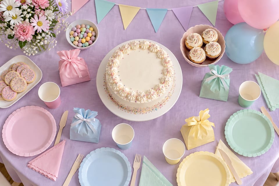 A child's birthday table in afternoon light, laid before the guests arrive: pastel plates and cups, a plain iced cake, party bags and bunting.